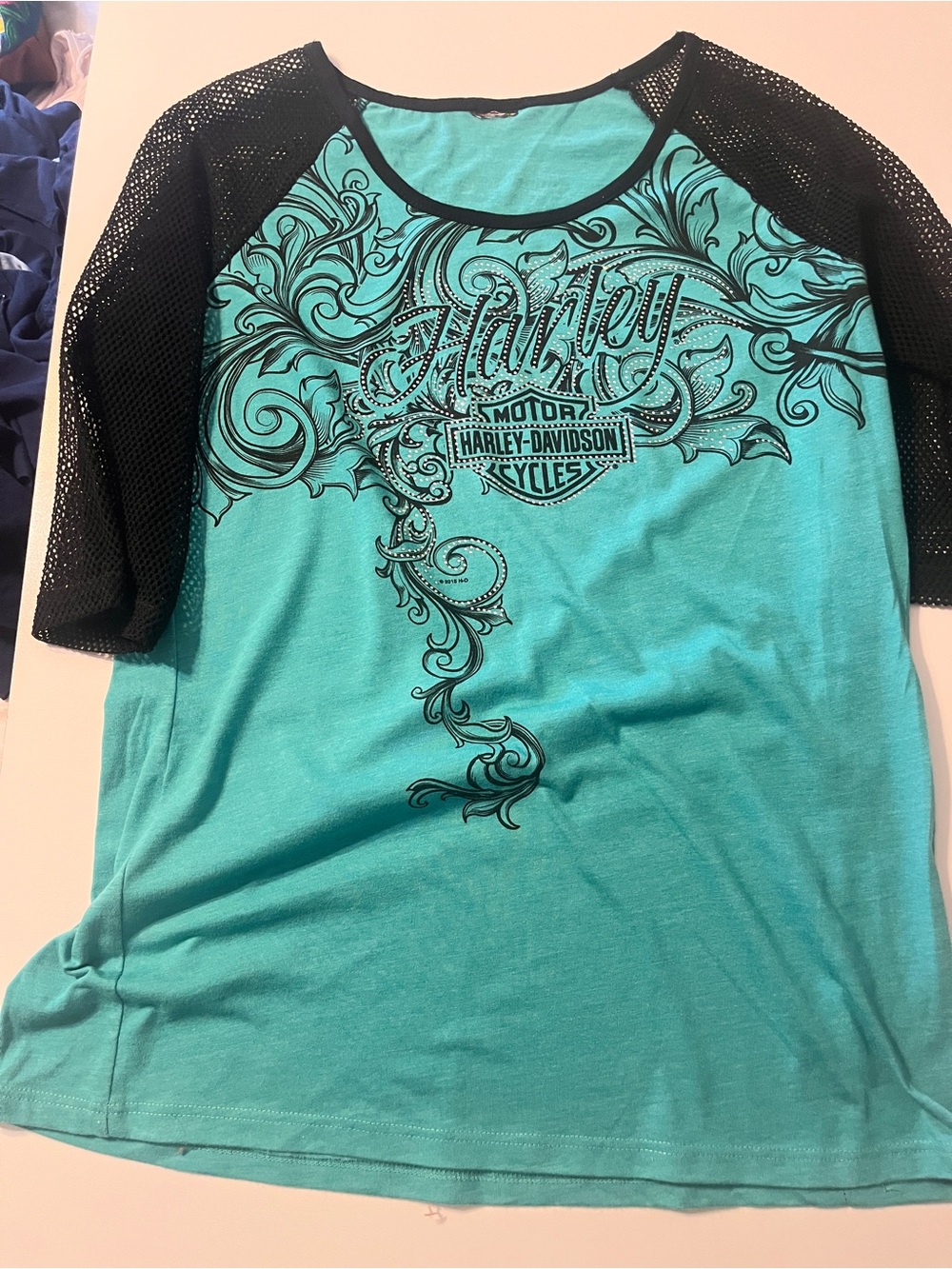 Harley-Davidson Womens Teal Raglan Mesh Sleeve Shirt